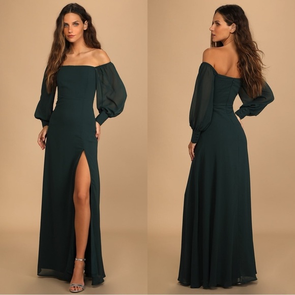 NWOT Lulus‎ Feel the Romance Emerald Green Off-the-Shoulder Maxi Dress - Picture 1 of 7